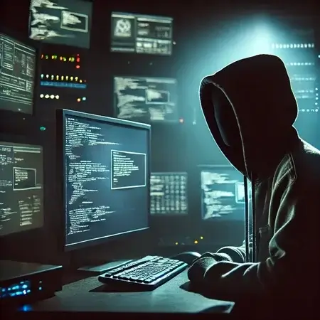 hacker devant des écrans d'ordinateurs